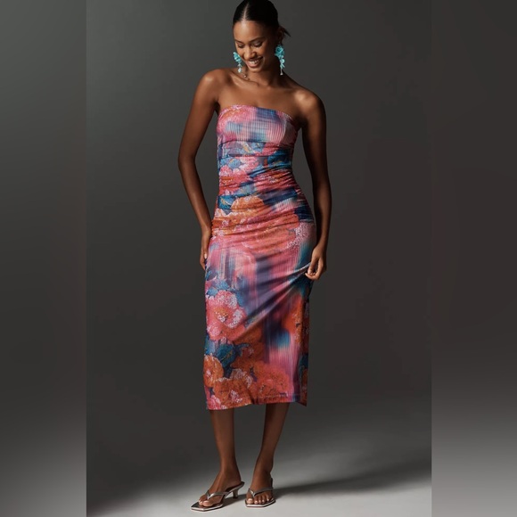 Anthropology Slim Strapless Ruched Mesh Dress - Picture 3 of 10